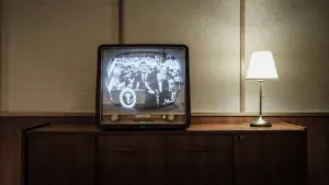 Ein alter Röhrenfernseher in einem Wohnzimmer beleuchtet durch eine warme Tischlampe.