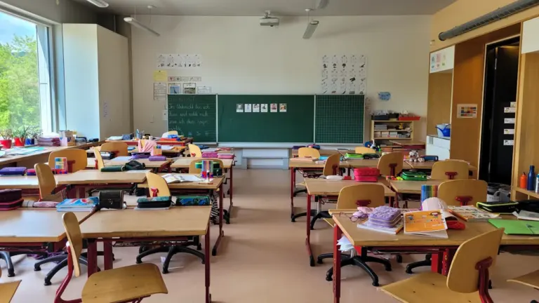 Ein leerer Klassenraum mit Tischen und Stühlen in einer deutschen Schule.