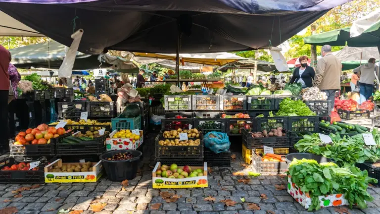Bunte Auswahl an frischem Obst und Gemüse auf einem belebten, deutschen Wochenmarkt.