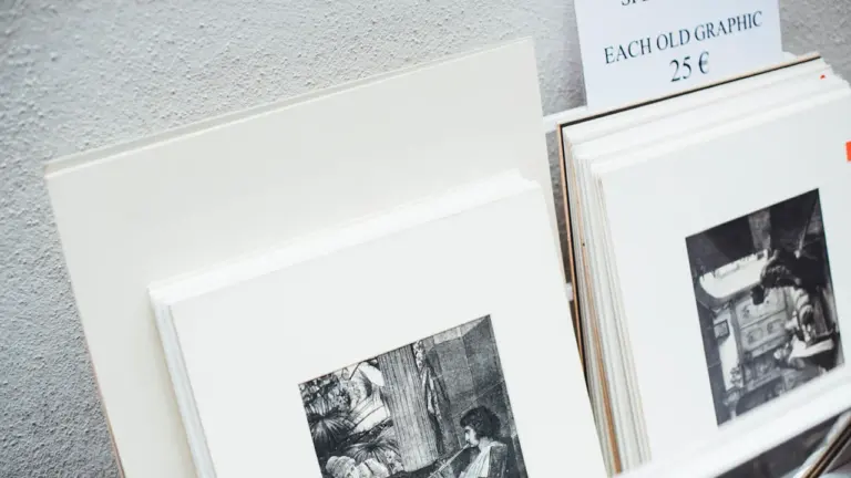 Vintage grafische Kunstwerke in einem deutschen Laden mit Preisangabe in Euro.