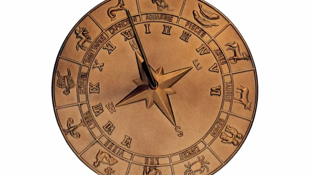Eine detaillierte Sonnenuhr mit den zwölf Tierkreiszeichen für tägliche astrologische Prognosen.