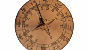 Eine detaillierte Sonnenuhr mit den zwölf Tierkreiszeichen für tägliche astrologische Prognosen.
