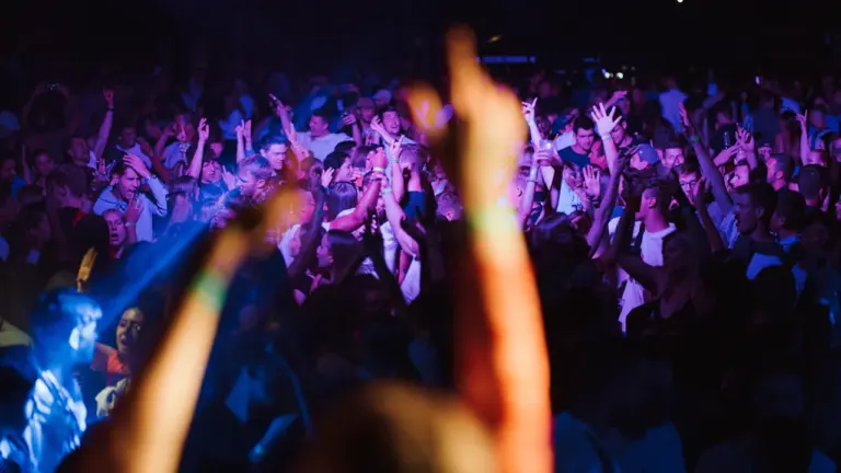 Eine Menschenmenge feiert ausgelassen auf einem sommerlichen Musikfestival bei hellem Licht.
