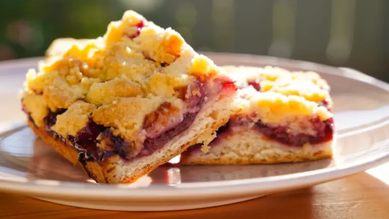 Zwei saftige Stücke klassischer deutscher Zwetschgenkuchen mit Streuseln auf einem hellen Teller.