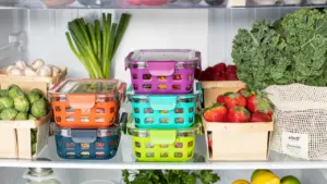 Gut organisierter Kühlschrank mit frischem Gemüse und Obst in bunte Vorratsbehältern sortiert.