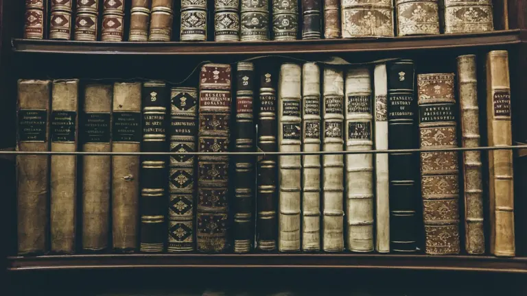 Alte, historische Bücher stehen in einem traditionellen Bibliotheksregal zur Archivierung bereit.
