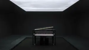 Ein schwarzer Flügel steht mittig in einem dunklen Raum unter einer hellen Lichtprojektion.
