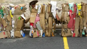Gestapelte Kartonagen und Recycling-Materialien auf dem Gelände eines Recyclinghofs für die Entsorgung.