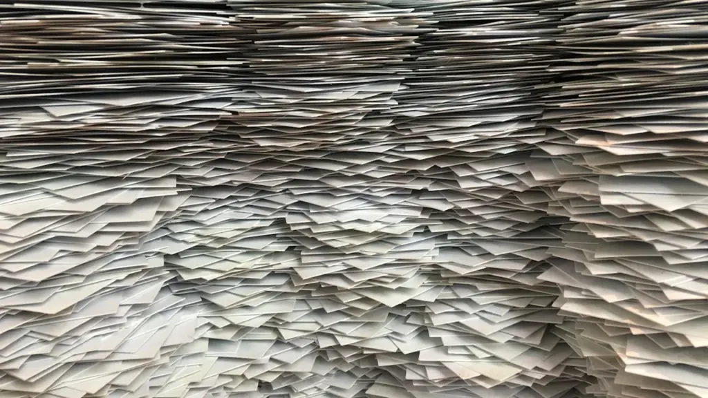 Ein großer Stapel Papierblätter in einer künstlerischen Installation in der Kunsthalle Bremen.
